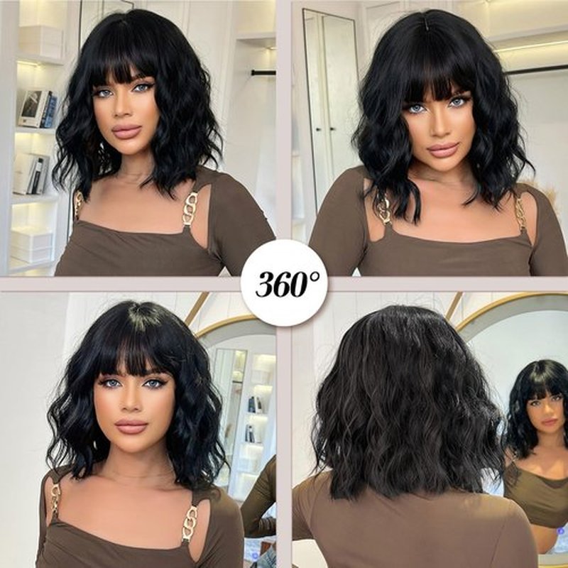 Allbell Black Wigs for Women Short Wavy Bob Wig with Bangs for Women Synthetic Short Curly Wave Wigs Heat Resistant Fiber Hair Wigs for Daily