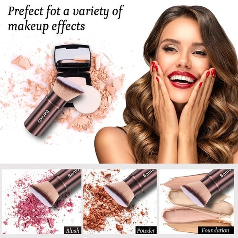 Makeup Brush Kabuki Face Brushes Retractable Travel Blush Kabuki Brush Portable Flawless for Foundation, Powder Blush, Bronzer, Buffing, Liquid, Cream, Cruelty Free with Cover(Brown)