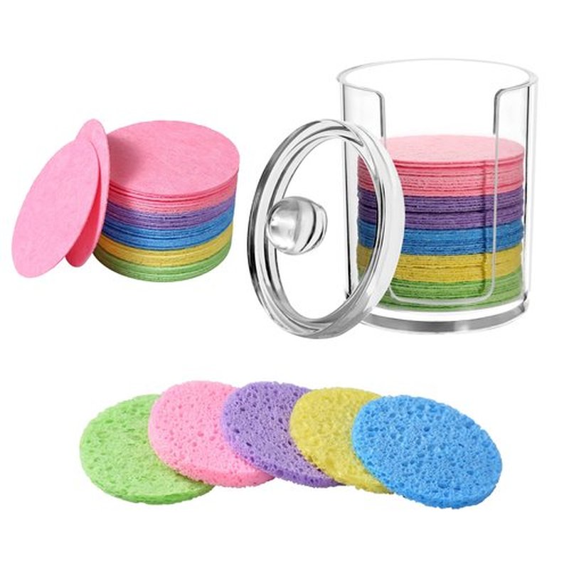 50-Count Compressed Natural Facial Sponges for Face Cleansing, Reusable Cosmetic Sponge, Used for Exfoliating and Makeup Removal With Clear Plastic Storage Jar (Colourful, 50pcs）