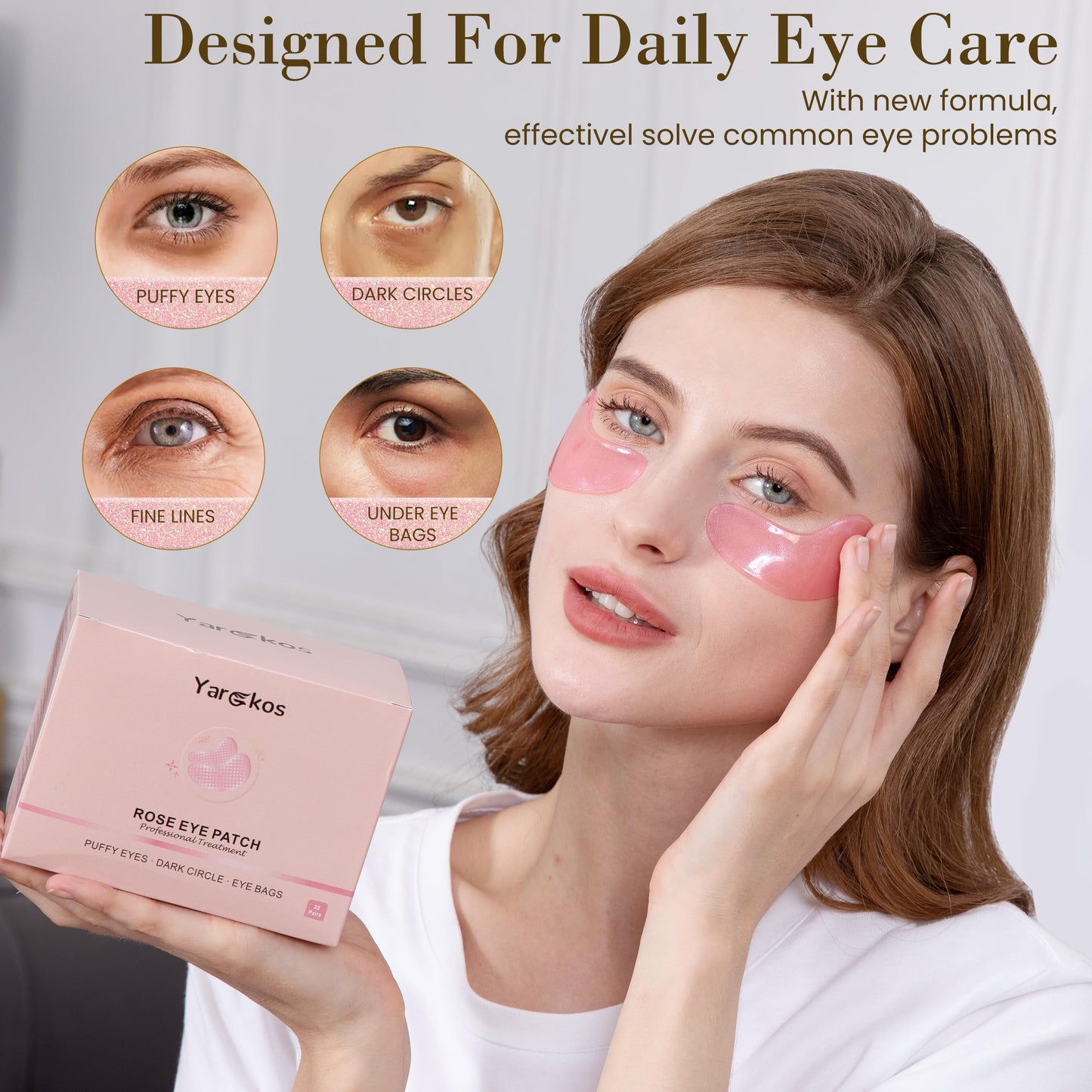 Yargkos 32 Pairs Pink Under Eye Patches, Rose Cooling Hydrating Eye Mask for Dark Circles Puffiness Puffy Eyes, Anti Wrinkle Collagen Undereye Pad, 32 Sets Women Travel Beauty Skincare Face Gel