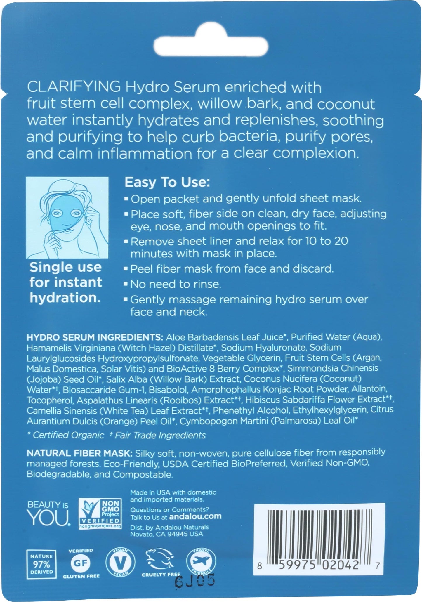 Andalou Naturals Instant Pure Pore Hydro Serum Facial Mask, Coconut, 0.6 Fl Oz