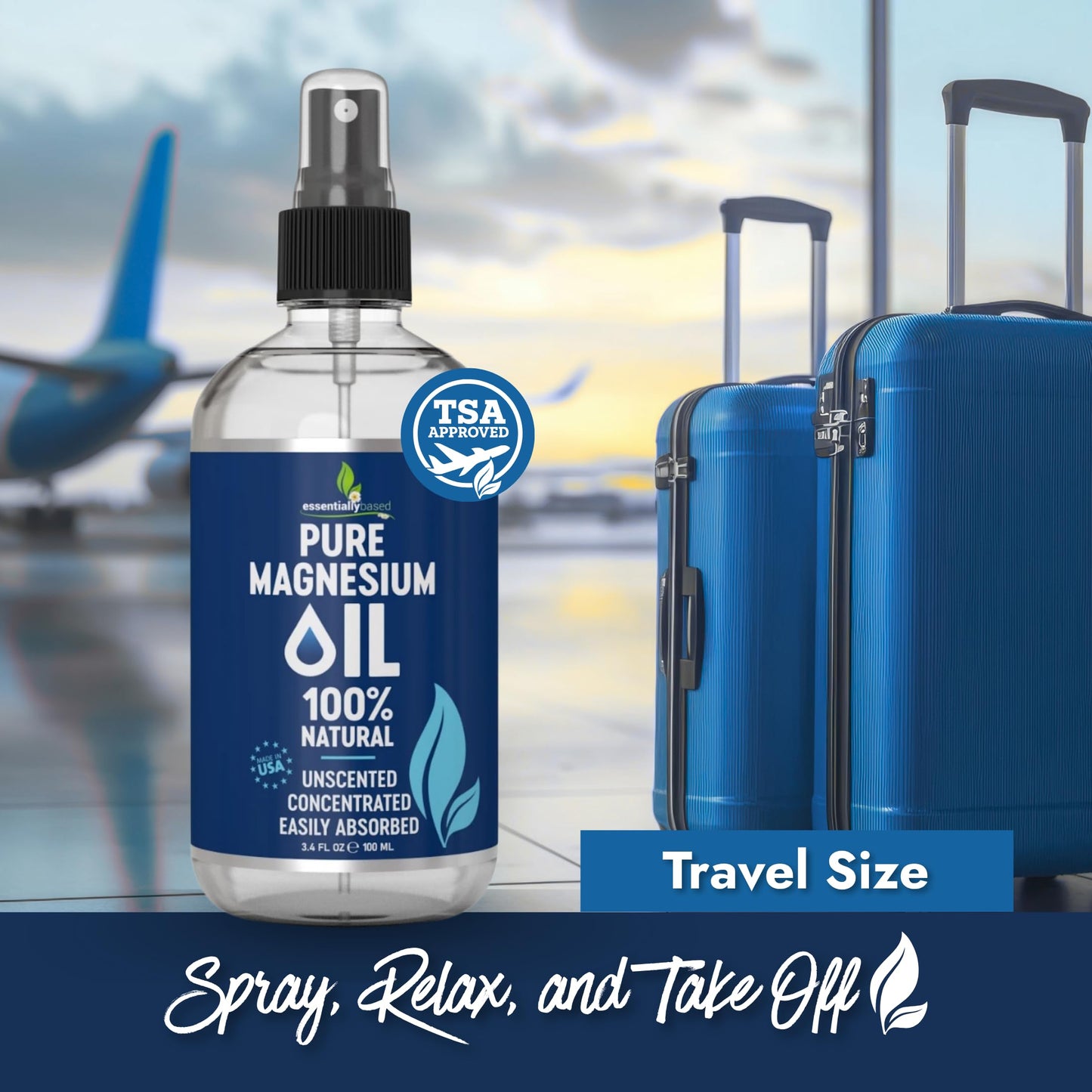 Pure Magnesium Oil Spray 3.4oz Travel Size - Topical Magnesium Spray for Sleep & Feet - Extra Strength - USP Grade - 100% Natural and Organic Oil for Muscle Pain & Cramps - TSA Approved - Made in USA