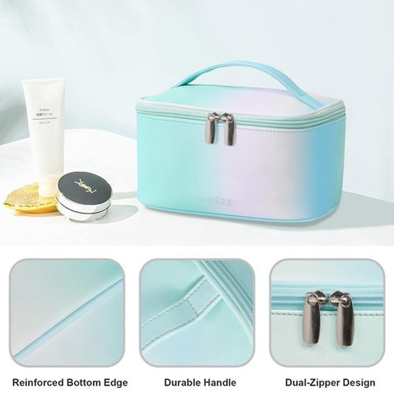 Makeup Bag Portable Travel Cosmetic Bag for Women, Beauty Zipper Makeup Organizer PU Leather Washable Waterproof（Rainbow Green)