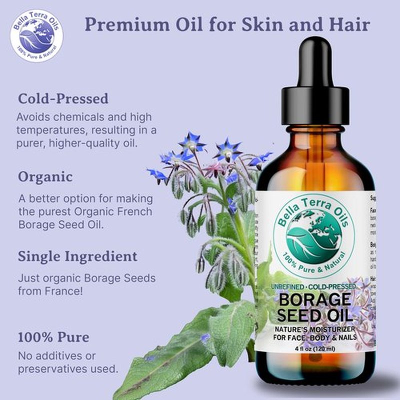 Bella Terra Oils Premium Borage Seed Oil with High GLA – 1 gallon, Luxurious Skin Radiance, Quick Absorption, Nourishing