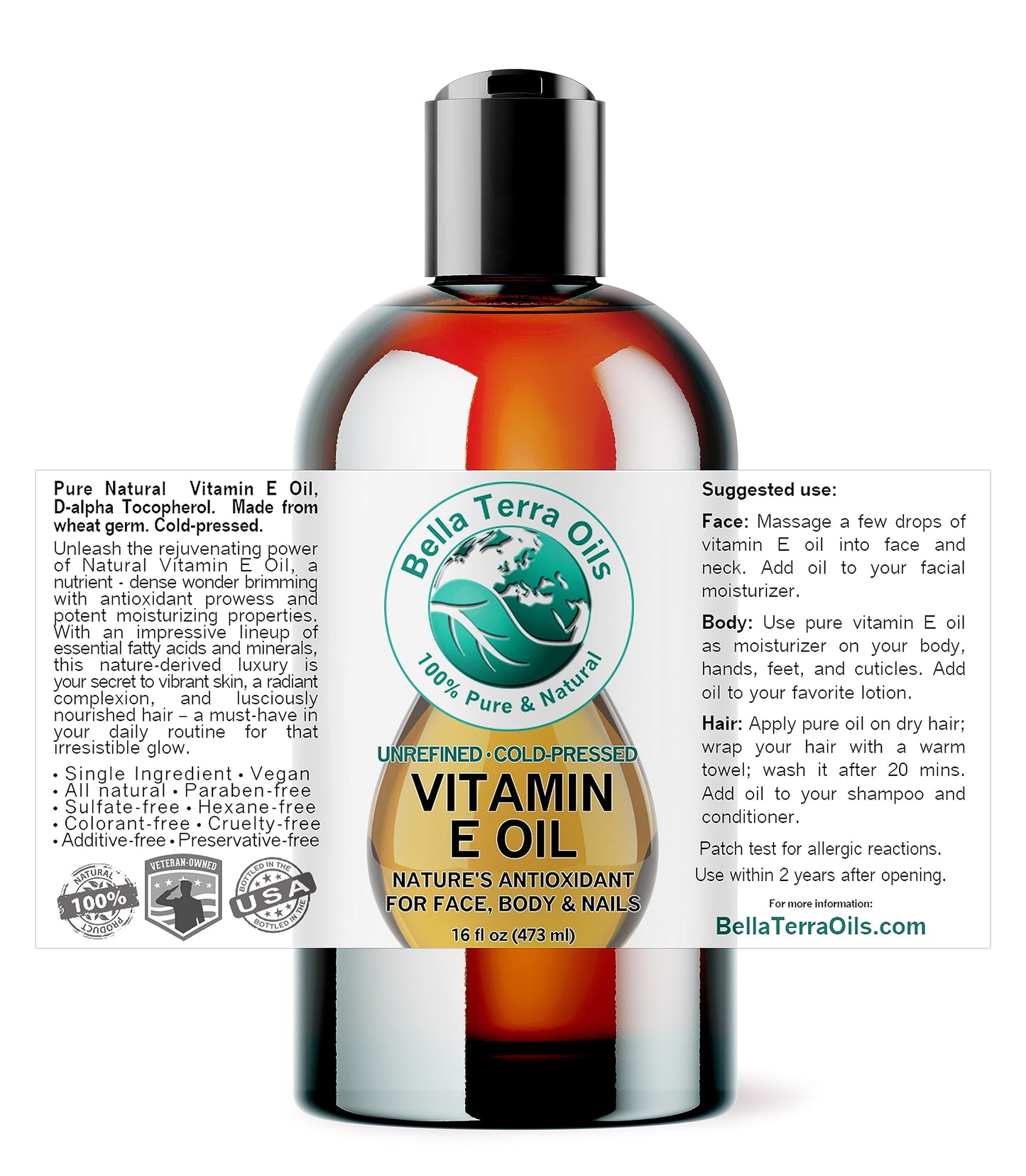 Bella Terra Oils - Natural Vitamin E Oil 16 oz - Premium D-Alpha Tocopherol Extract, Packed with Essential Nutrients & Fatty Acids, Elevate Your Skincare Ritual
