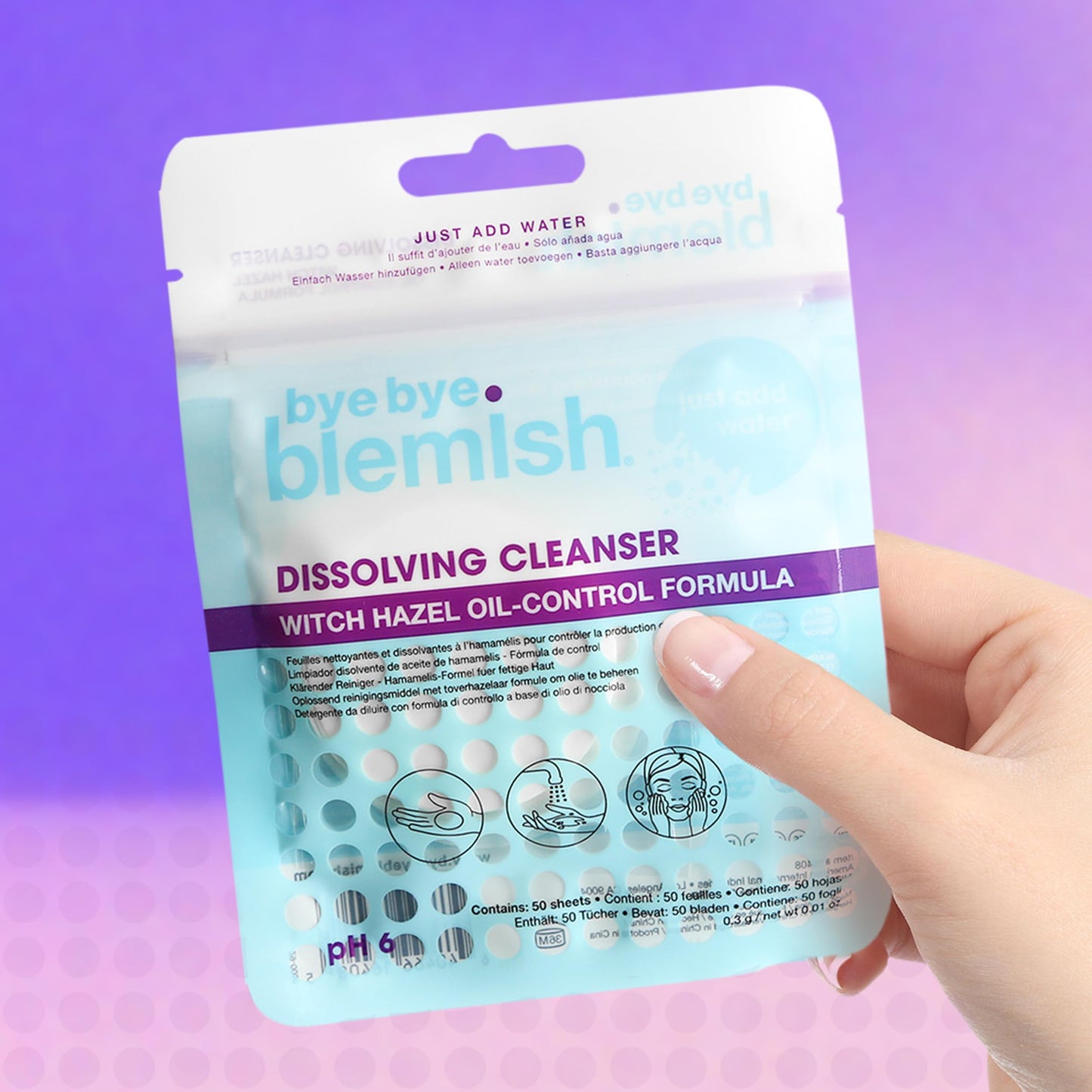 Bye Bye Blemish Dissolving Cleanser Sheets – Witch Hazel Oil-Control Face Wash, Water-Activated Facial Paper Soap for Acne-Prone Skin, Removes Dirt & Excess Oil, 50 pcs