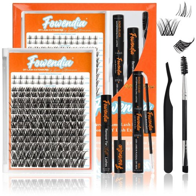Fowendia Individual Cluster Lashes D Curl DIY Lashes Extension Kit Classic Lashes Lash Clusters 8-18mm with Bond, Seal, and Remover - Ultra-Invisible Band Lashes, No-Glue Lower Lashes, Eyes On Me-Kit