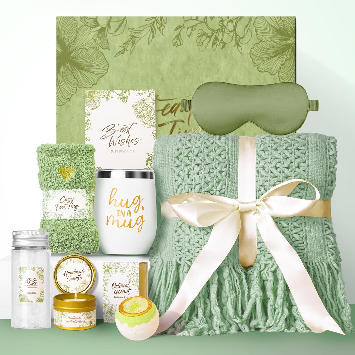 Gift Basket for Women, Self Care Set with Knitted Throw - Care Pkg - Green