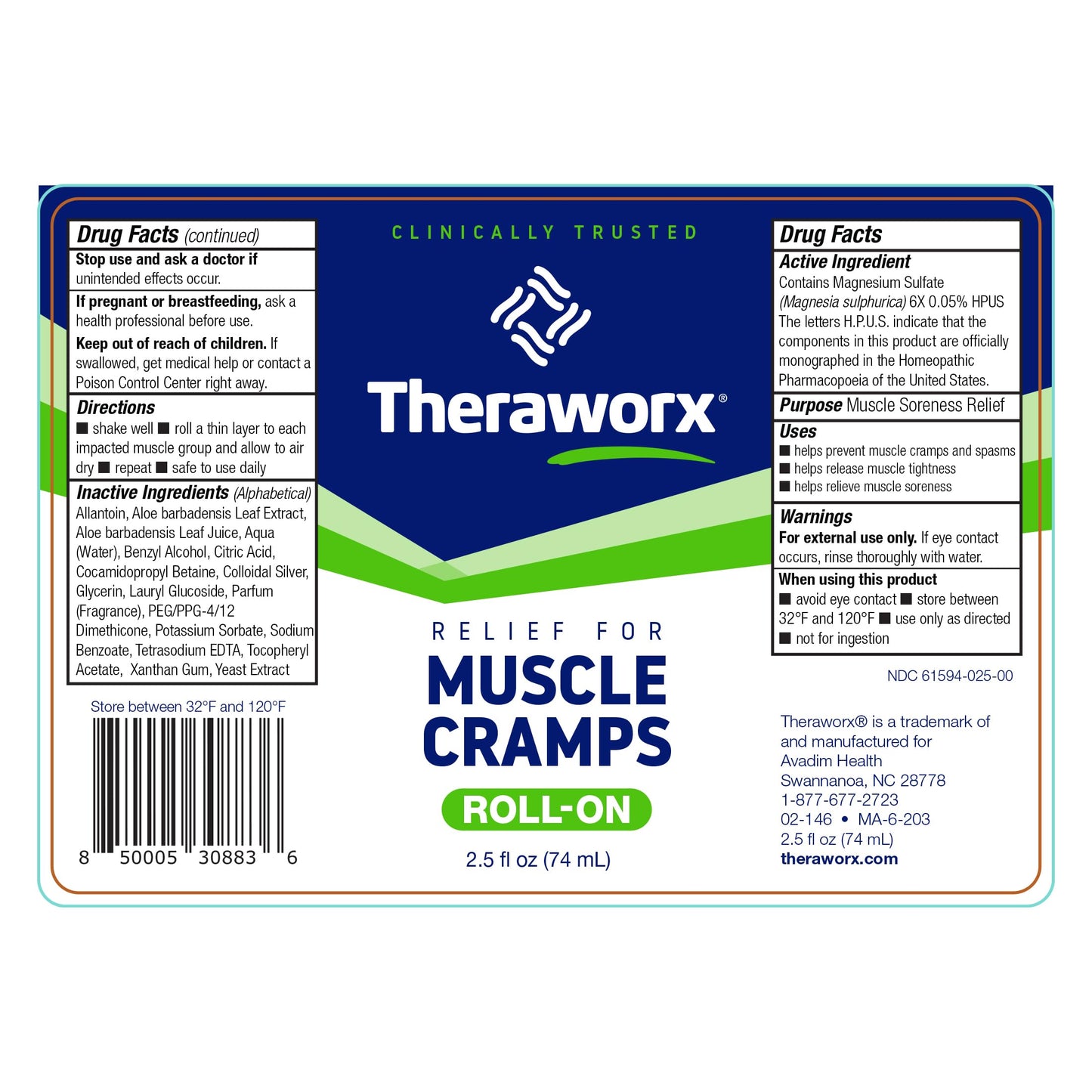 Theraworx Relief for Muscle Cramps Roll-On Fast-Acting Muscle Spasm, Leg Soreness with Magnesium Sulfate - 2.5 oz - 1 Count