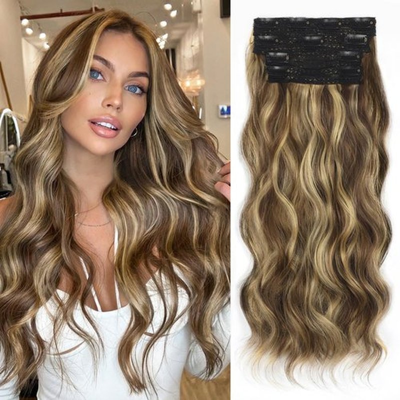 ALXNAN Hair Extensions, 4PCS Highlight Clip in Hair Extensions, 20 Inches Mixed Brown & Blonde Long Wavy Natural Soft Synthetic Hairpieces for Women