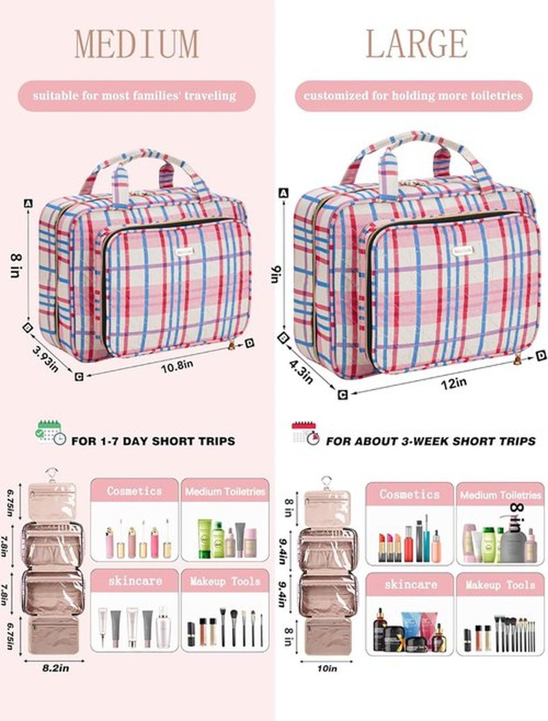 BALULHG Toiletry Bag Travel with Hanging Hook, Water-resistant Cosmetic Makeup Bag Organizer for Shampoo, Full Sized Container, Toiletries，Plaid-red-L