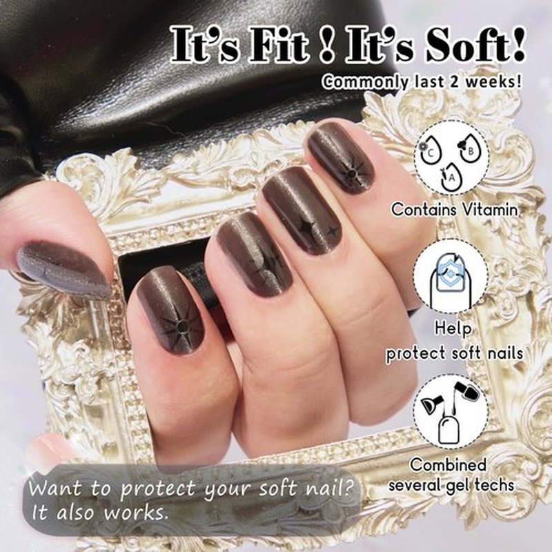 GelMala Gel Nail Strips Semi Cured Black Cat Eye with Star- Semi Cured Gel Nail Strips Black, Long Lasting, Easy to Apply & Remove -Gel Nail Polish Strips Black Manicure Nail Wraps (Sirius)