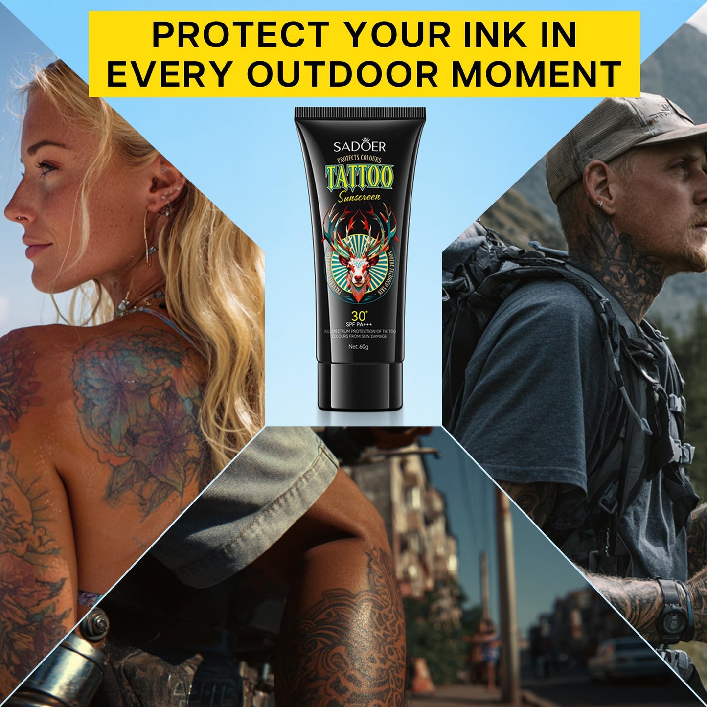 VRAIKO SADOER Tattoo Sunscreen SPF 30+, Fade Protection & Anti-Aging Formula with Avocado Oil, Jojoba Oil, Hyaluronic Acid and Aloe, Moisturizer for Vibrant Tattoos, 2oz