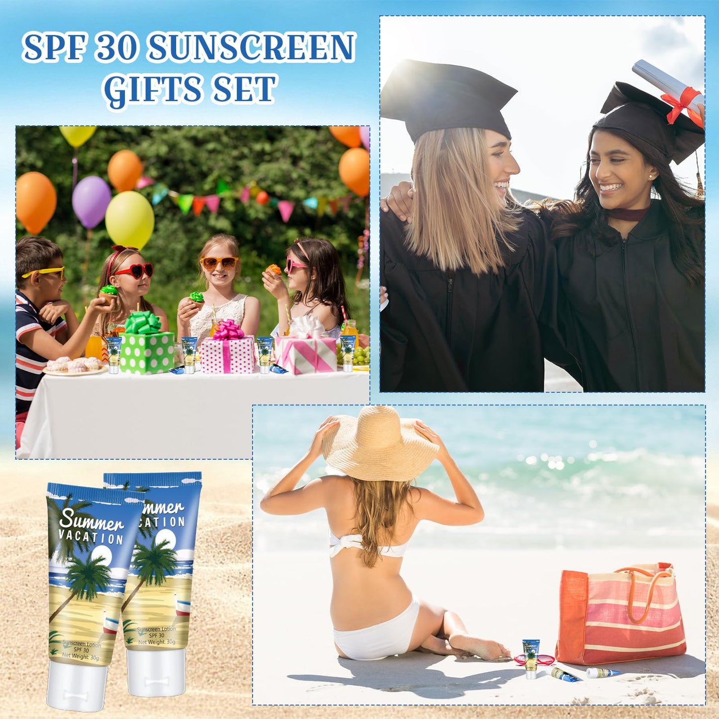 Dansib 12 Pcs Mini Sunscreen Bulk for Summer Party Wedding SPF 30 Water Resistant Sunscreen Lotion Bulk 1oz Travel Size for Thank You Gifts Wedding Supplies (Vacation Time)