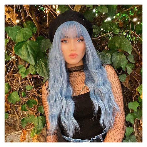 QACCF Long Blue Wig Women Long Wavy Pelucas Fluffy Curly Women Synthetic Fiber Realistic Fun Bang Light Blue Colorful Girls Wig (Blue)