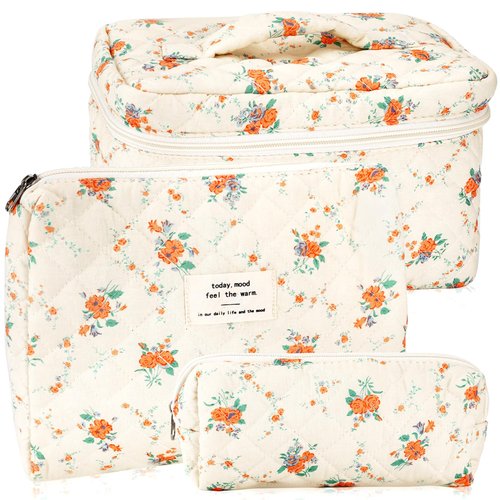 URSKYTOUS 3Pcs Cotton Quilted Makeup Bag for Women Girls Large Small Travel Floral Cosmetic Bags Set Cute Coquette Zipper Makeup Pouch for Purse Aesthetic Cloth Flower Storage Toiletry Bag Organizer