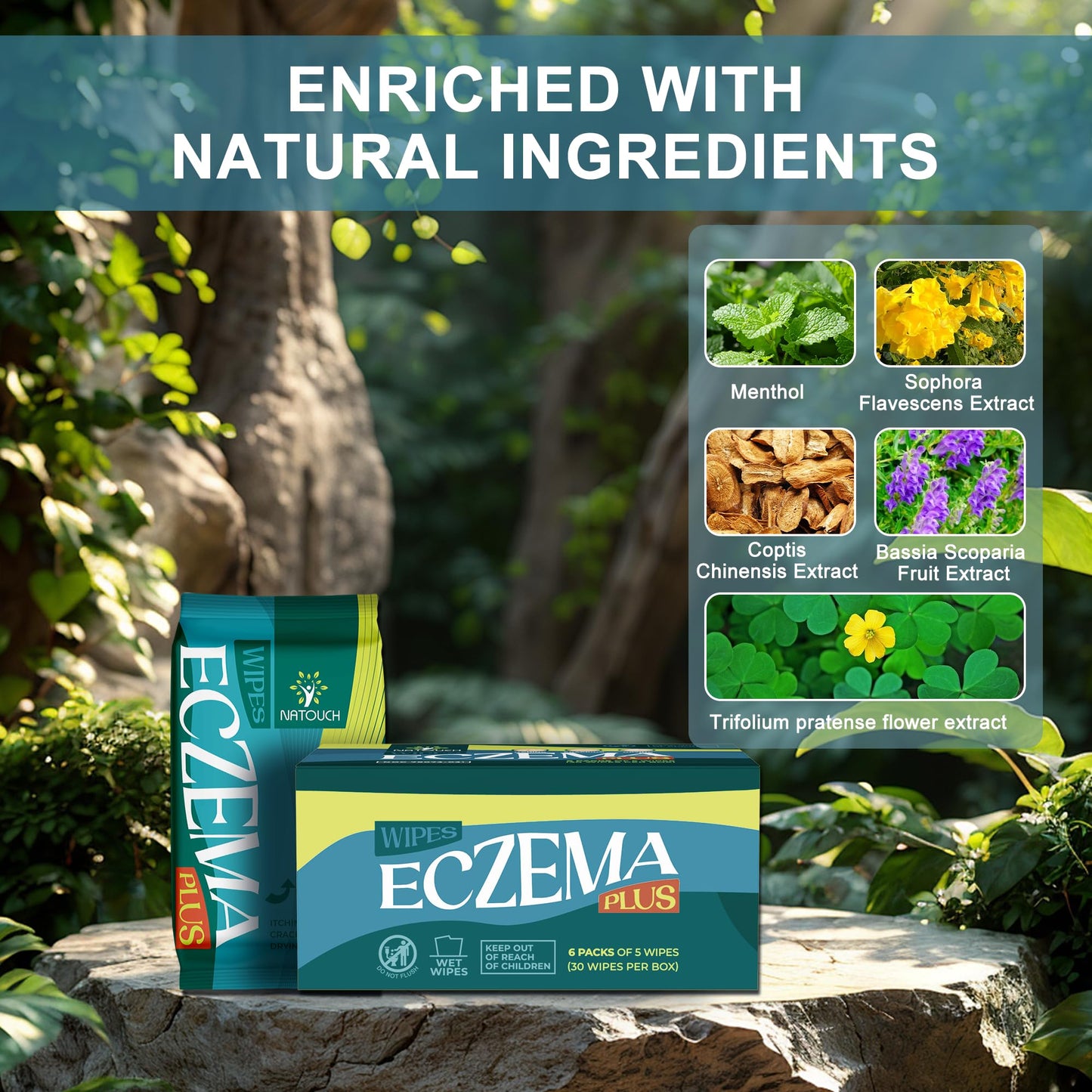 NATOUCH Eczema Wipes All-Natural Fast Acting Eczema Relief, Instantly Soothes & Cools Itching, cracking, and drying, Skin Protectant Organic Wipes