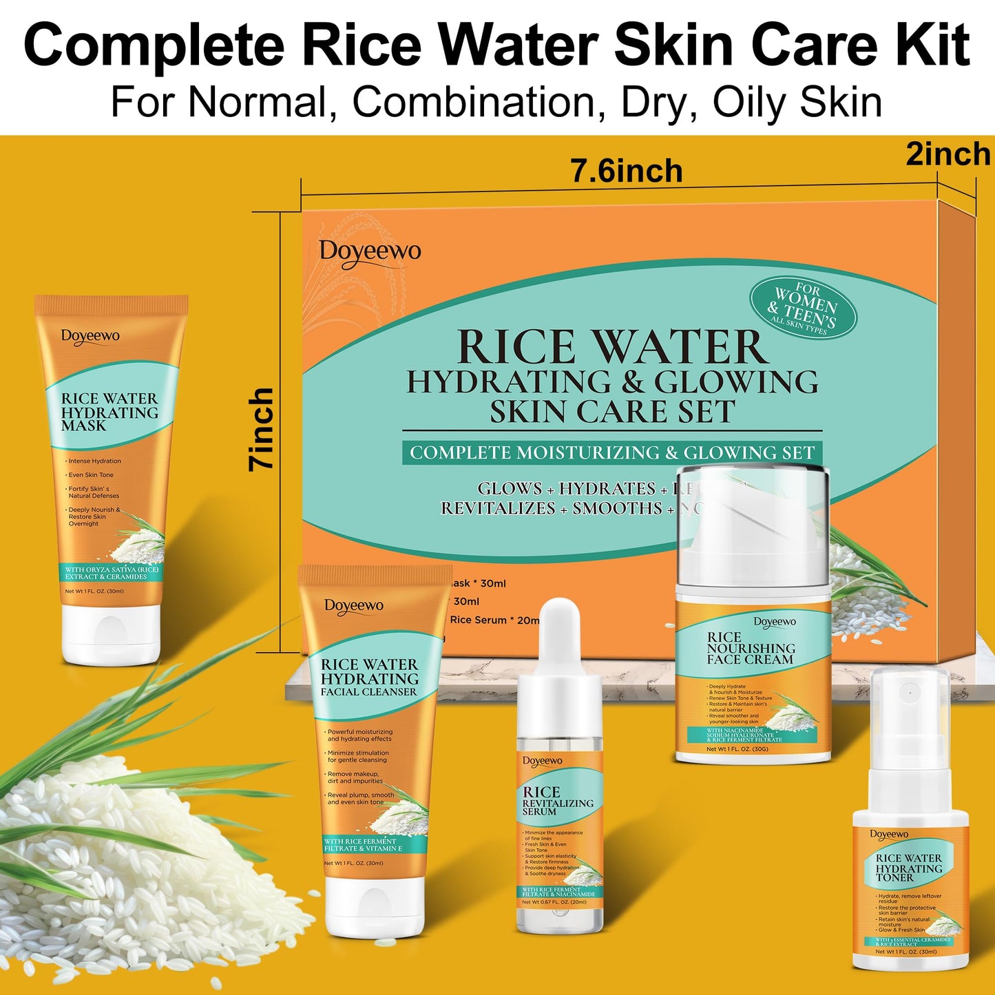 Skin Care Set,5Pcs Women Teen Glass Skincare w/Korean Rice Extract,Hydrate Glow Repair Anti-Aging Facial Routine Mini Kit Self Care Gifts for Women Mom Wife Teens Teenage Girl Airplane-Friendly Sizes