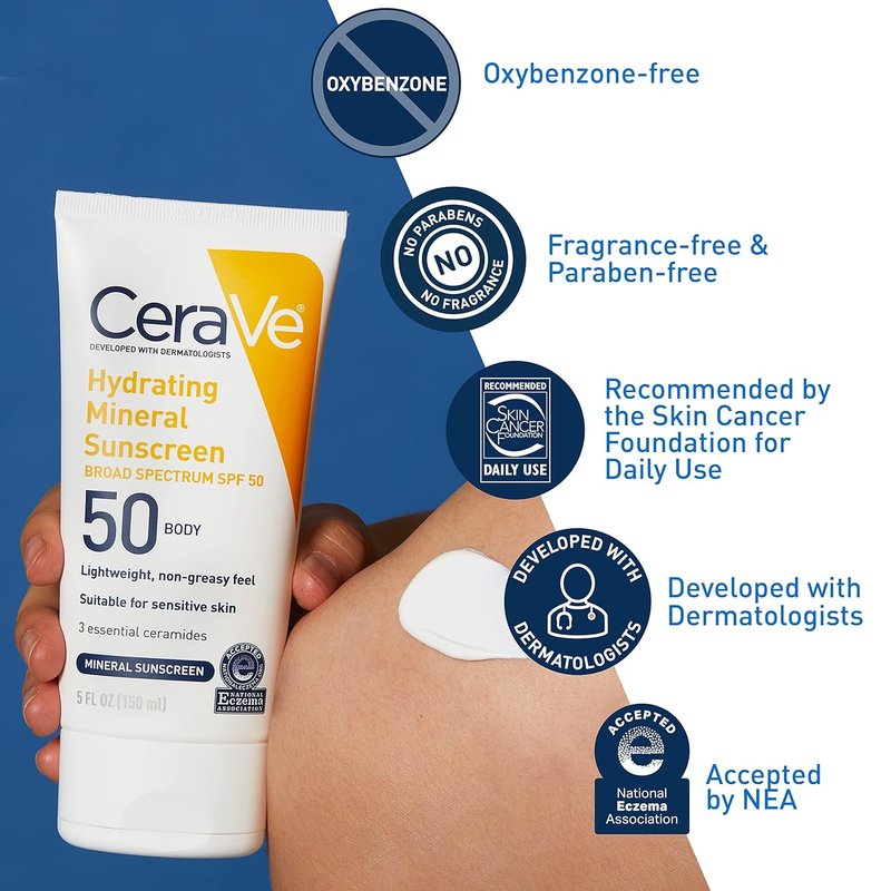 CeraVe 100% Mineral Sunscreen SPF 50 - Hydrating Zinc Oxide & Titanium Dioxide Formula | 5 oz