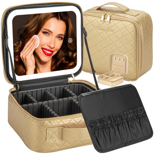 Extrei Gent Makeup Travel Train Case With LED Lighted Mirror, Portable Waterproof 3-Color Adjustable Brightness Professional Makeup Bag with Dividers Makeup Brush Accessories and Toolkit
