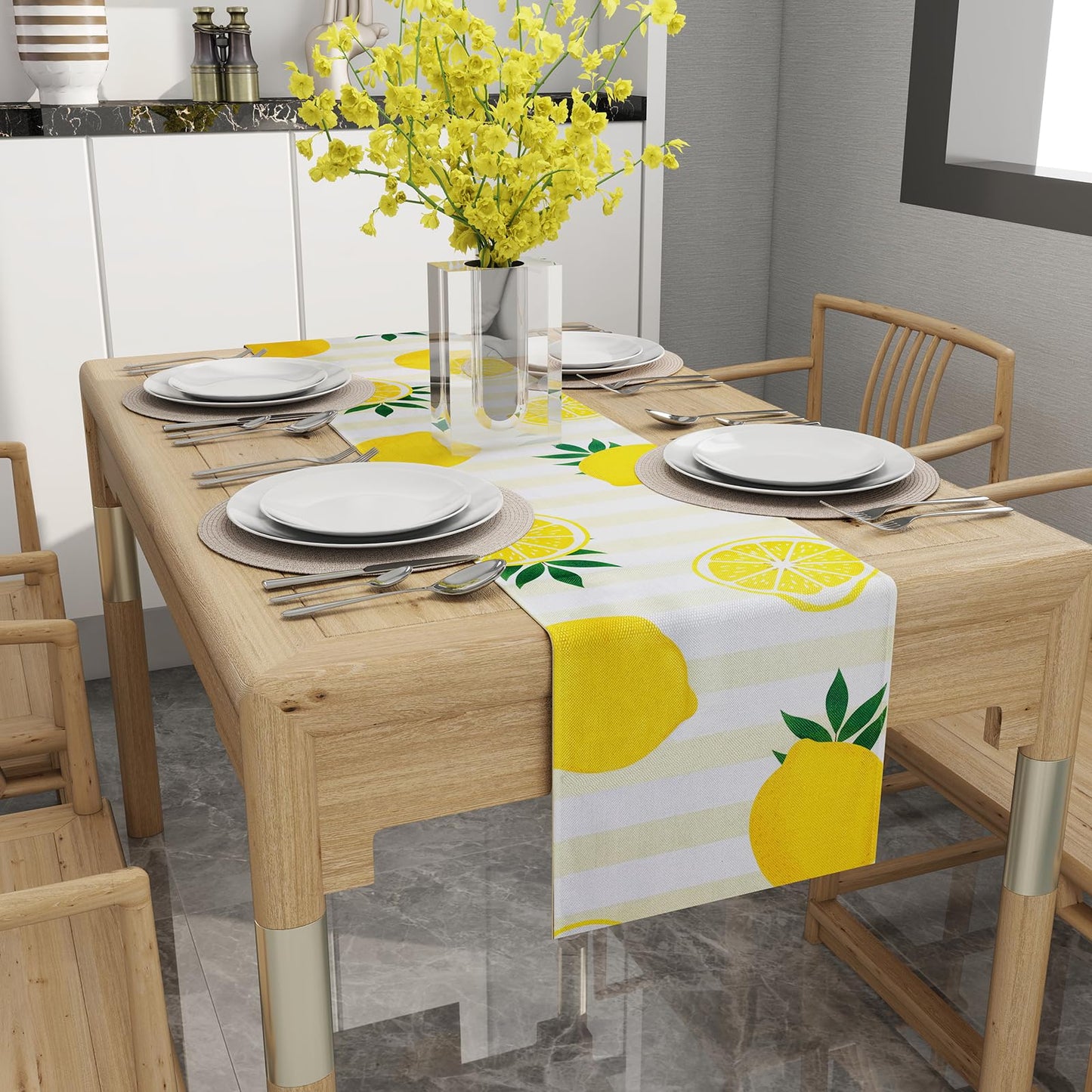 Rotumaty Lemon Table Runner Kitchen Decor - Yellow and White Stripes Lemon Table Decorations Summer Spring Seasonal Home Decor for Dining Table Farmhouse Party 13 × 72 Inch