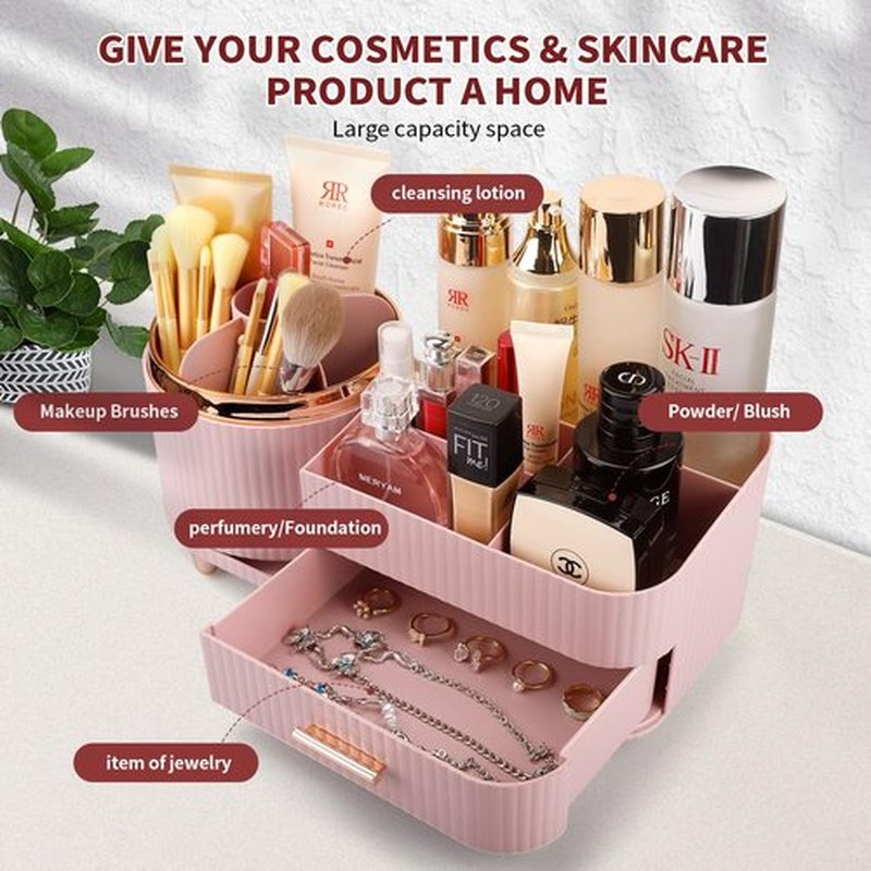 Molutsody Makeup Organizer for Vanity, Cosmetic Display Case with Drawers, Fits Makeup, Skincare Products, Brushes, Lipsticks, and Other Accessories, Versatile Storage Solution (Pink)