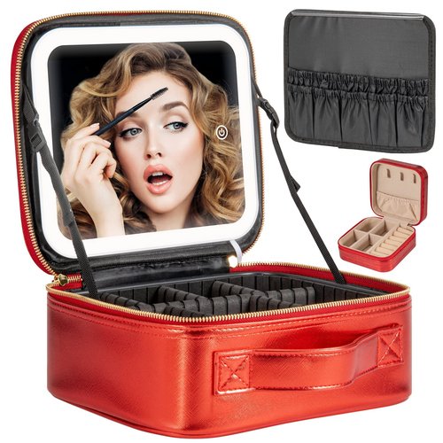 Extrei Gent Makeup Travel Train Case with Mirror LED Light 3 Adjustable Brightness Cosmetic Bag Portable Storage Adjustable Partition Waterproof Makeup Brushes Makeup Jewelry Gift for Women