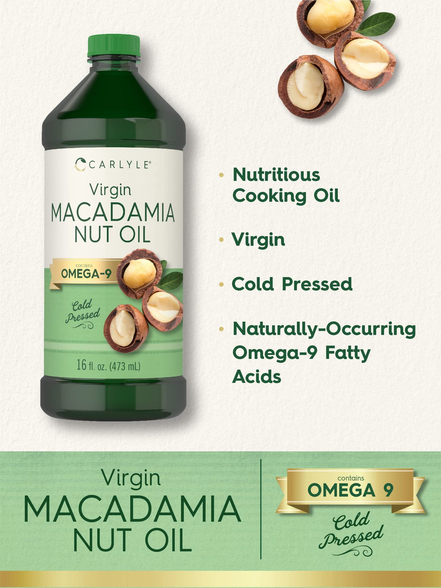 Carlyle Macadamia Nut Oil | 3 x 16 fl oz Bottles | Virgin Cold Pressed with Omega-9 | Food Grade for Cooking | Great for Hair and Skin | Vegetarian, Non-GMO & Gluten Free