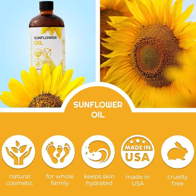 Sunflower Carrier Oil - Cold Pressed Unrefined Seed Oil for Face, Hair & Skin | 16oz