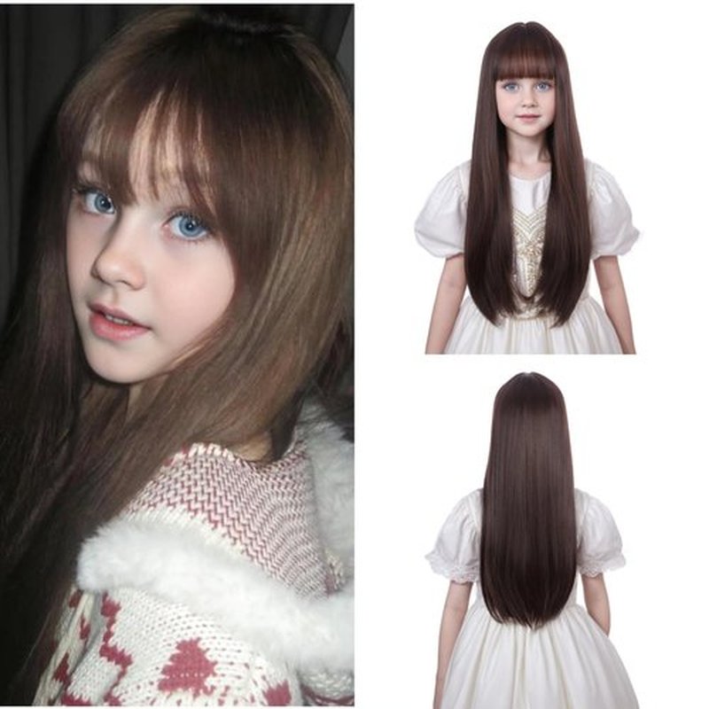 Ufindcos Brown Wig for Kids Long Brown Wig Long Straight Child Wig Brown Wig with Bangs for Girls 22 Inches Synthetic Wig With Wig Cap（Brown）