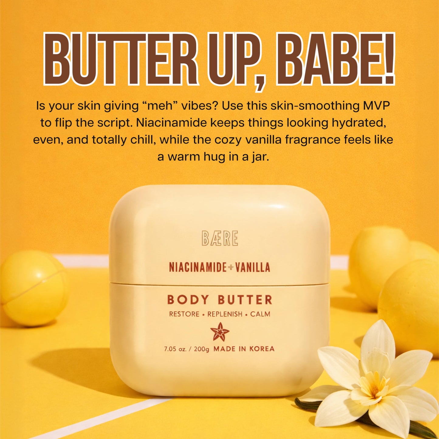 Baere Niacinamide Body Butter With Vanilla - Dermatologist Tested, Anti Aging, Korean Skin Care - Replenish Moisture, Calm Comfort & Restore Barrier - Vegan, Clean Beauty, Cruelty Free - 7.05 oz