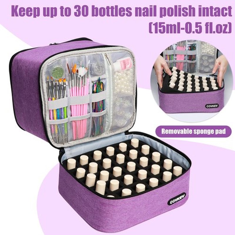 Covkev Nail Polish Organizer Bag Holds 30 Bottles (15ml-0.5 fl.oz)& Nail Lamp, Double Layer Nail Kit Storage Carrying Case, Portable Travel Nail Supplies Organizer Bag with Handle (Graceful Purple)