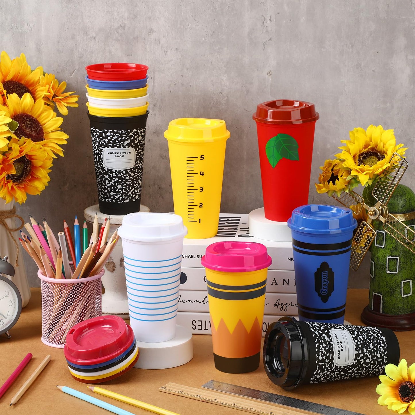 Skylety 12 Pcs Teacher Appreciation Gifts Teacher Gifts Bulk Back to School Teachers Deals Reusable Plastic Coffee Cup with Lid for First Day of School Party Decorations (Elegant)