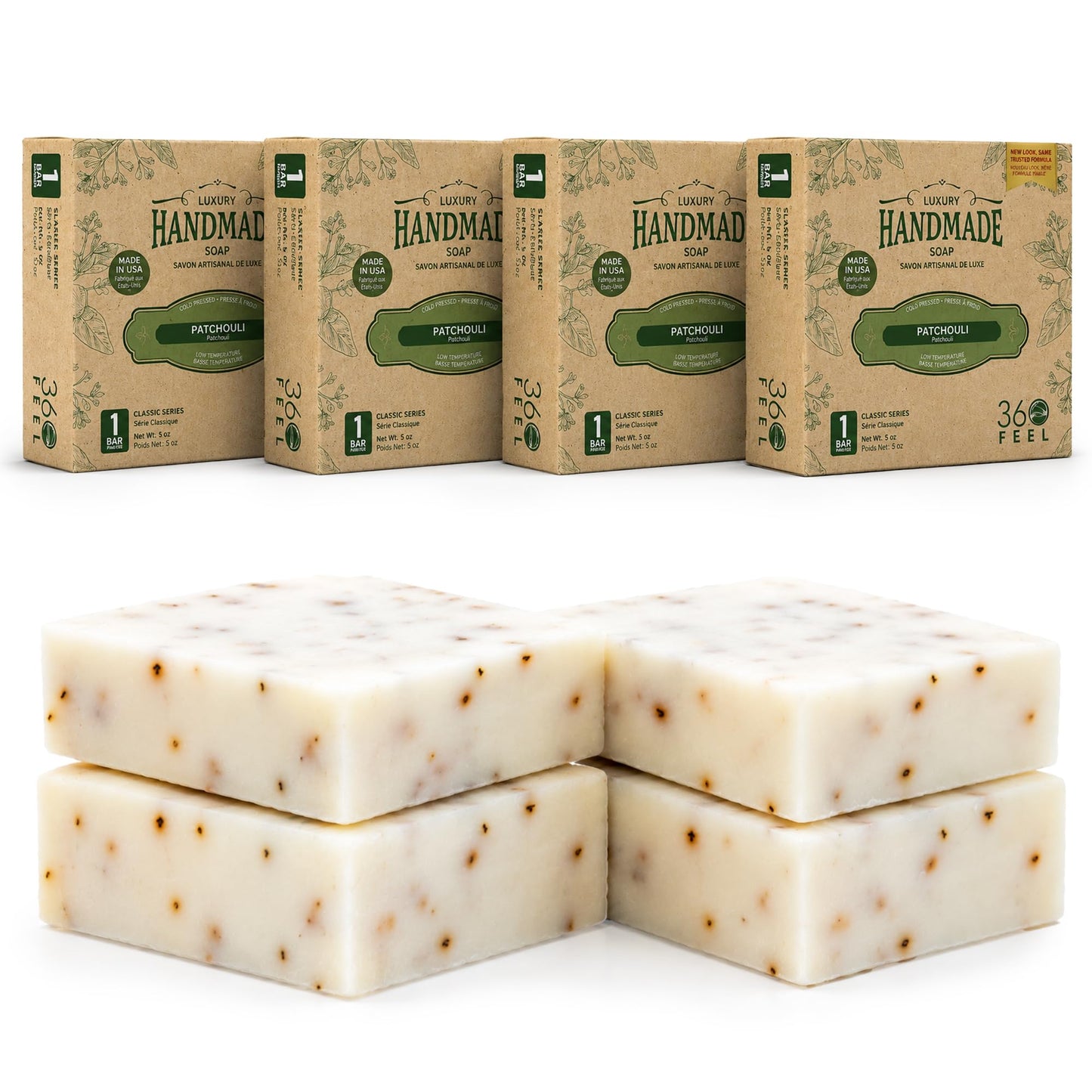 360 Feel Patchouli Bar Soap - Made in the USA - Castile Handmade All Natural Cold Processed - Infused with Artisanal Scent for Relaxation & Calm - Rich, Creamy Lather (5oz, 4-Pack)