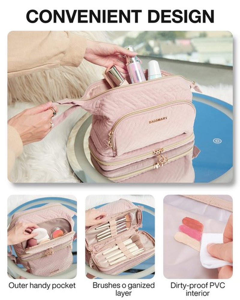 BAGSMART Travel Makeup Bag, Cosmetic Bag Make Up Organizer Case, Dorm Room Essentials Large Wide-open Pouch Women Travel Essentials Double Layers Purse for Toiletries Accessories Brushes Pink