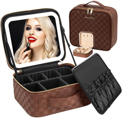 Seoneiro Makeup Travel Bag with LED Lighted Mirror Adjustable Brightness Portable Waterproof Makeup Case with Adjustable Dividers, Make up Train Case Organizer Makeup Brush Accessories and Tool Case