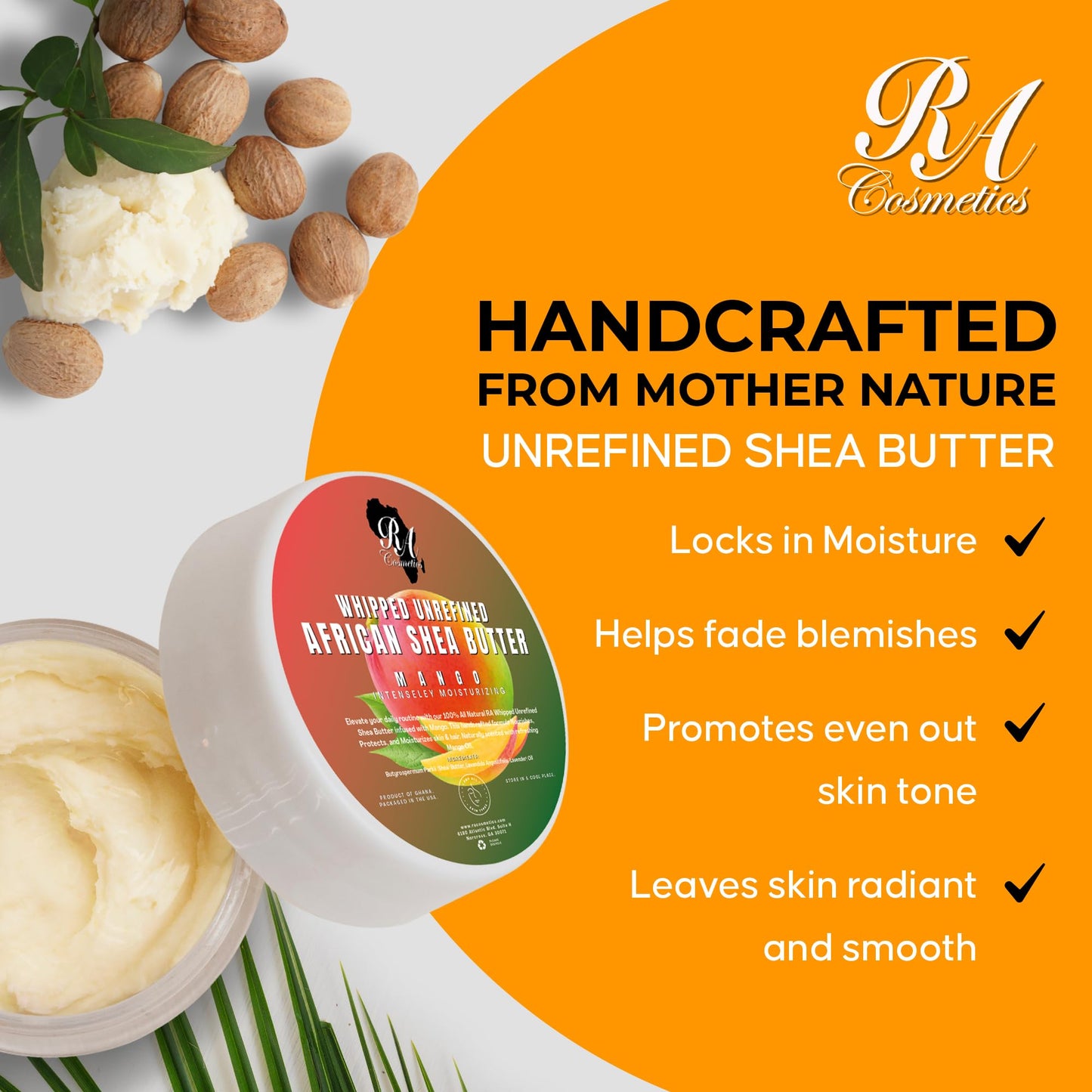RA COSMETICS Whipped Shea Butter Mango - 6oz | 100% Pure and Natural African Shea Butter for Men & Women - Ultimate Handcrafted Moisturizer with Essential Vitamins for Radiant Skin & Luscious Hair