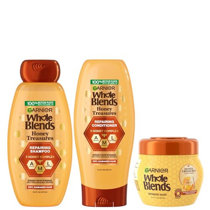 Garnier Whole Blends Honey Treasures Repairing Shampoo, Conditioner + Hair Mask Set for Dry, Damaged Hair (3 Items), 1 Kit (Packaging May Vary)
