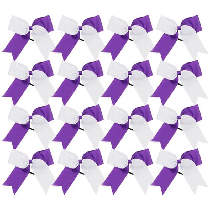 Cheer Bows 6 Inch 2 Color Ponytail Holder Hair Tie 16 Pcs Hair Bow Cheerleader Bows Hair Tie (White/Purple)