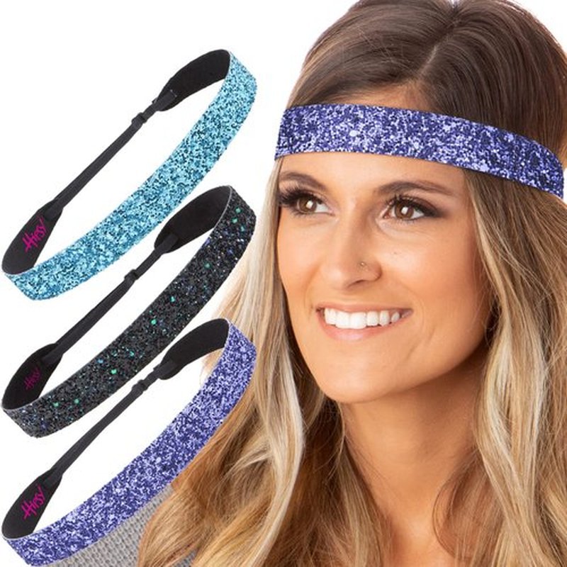 Hipsy Women's Adjustable Non Slip Cute Fashion Wide Bling Glitter Hair Headband 3-pack (Purple/Peacock/Teal)