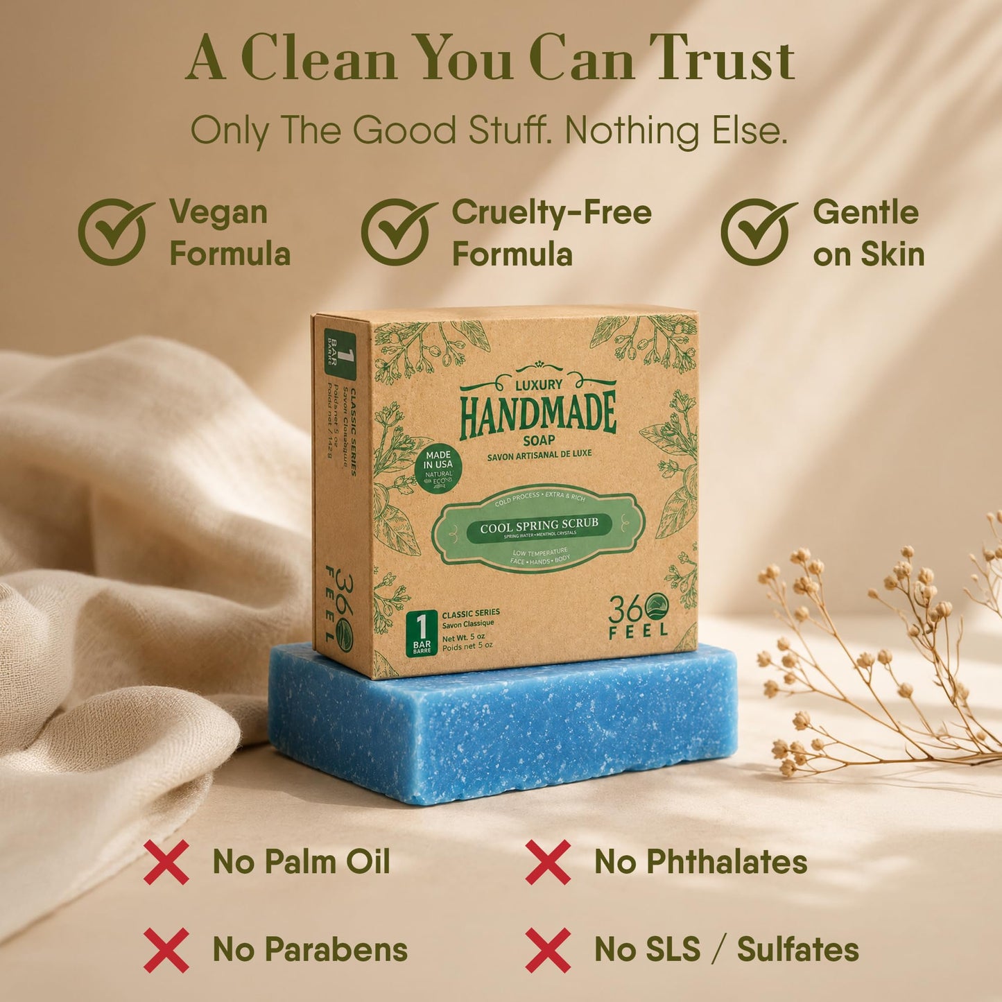 360Feel Cool Spring Scrub Soap - Made in The USA - Castile Handmade, All-Natural, Cold-Processed - Infused with Essential Oils for Gentle Exfoliation & Rich Lather - 5 oz