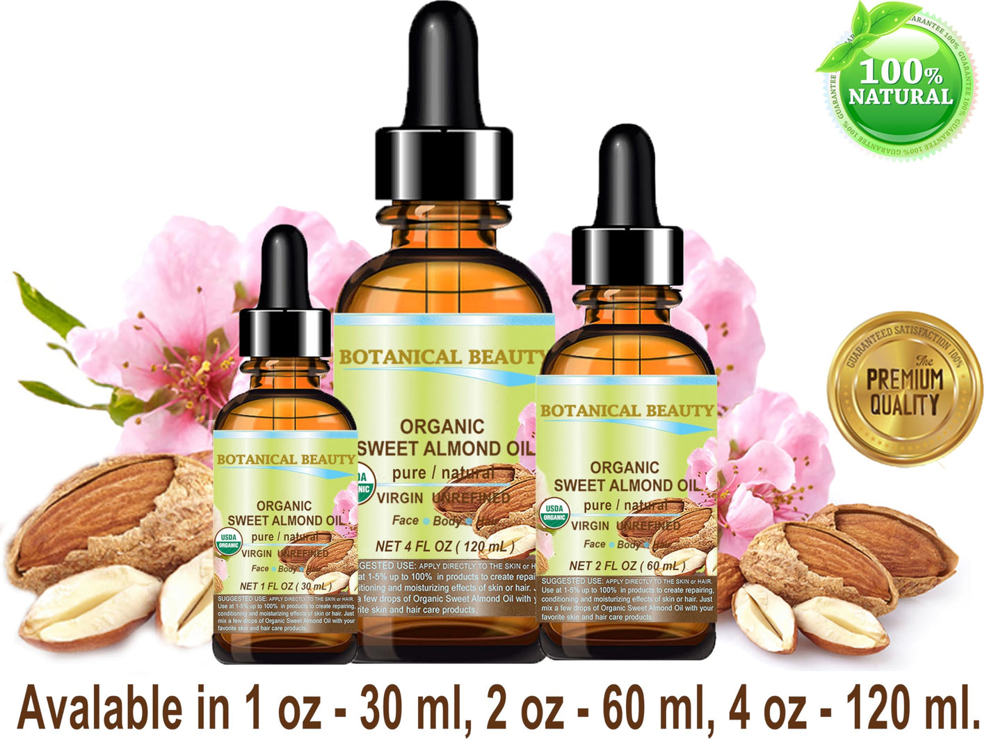 Botanical Beauty‎ Organic SWEET ALMOND OIL 100% Pure Natural Virgin Unrefined Undiluted Cold Pressed Carrier Oil for Face, Skin, Body, Hair, Massage, Nails. 1 Fl. oz - 30 ml