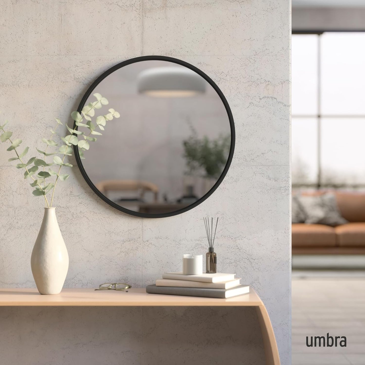 Umbra Hub Round Wall Mirror with Rubber Frame, Modern Style for Bathroom, Entryway, Living Room and More, 24-Inch, Black