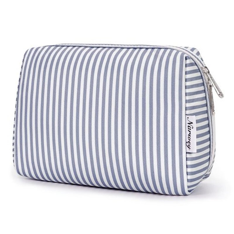 Narwey Cute Stripe Makeup Bag Travel Cosmetic Bag Organizer Toiletry Bag Make Up Bags with Compartments for Women (Large, Greyish Blue Stripe)