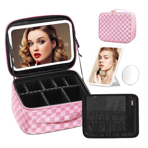 Omobolanle Makeup Bag with Mirror Led Light Detachable Portable Makeup Organizer Travel Cosmetic Train Case with Dividers and 10x Magnifying Mirror Cosmetic Toiletry Bag Pink/White