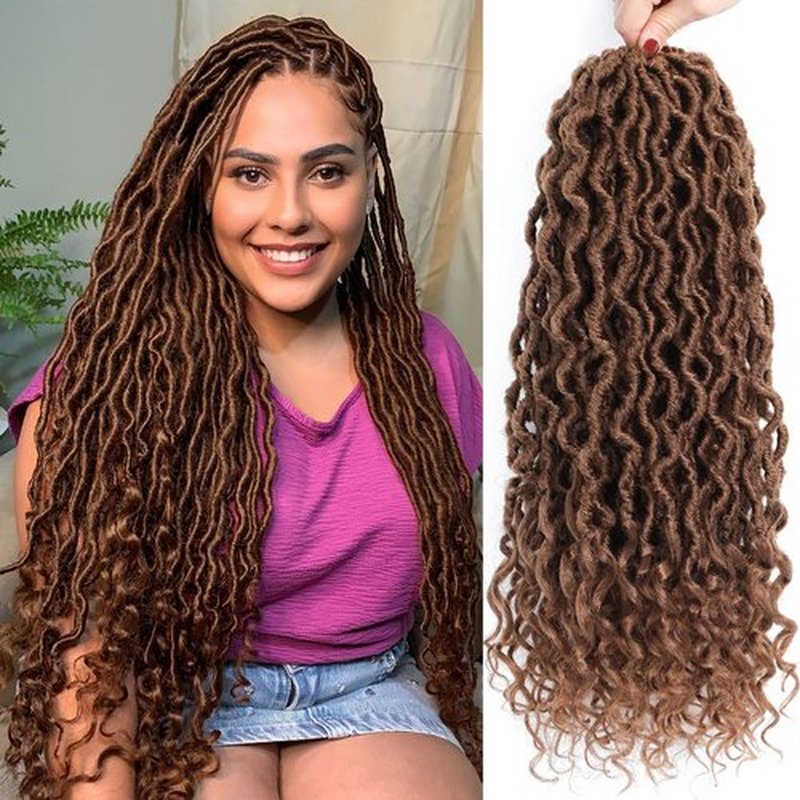 Brown Locs Crochet Hair 18 Inch 6 Packs Color 30 Goddess Locs Crochet Hair Pre Looped Faux Locs with Curly Ends Goddess Faux Loc Hair(18 Inch,6 Packs,30#)