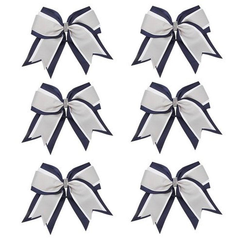 8 Inch 3 Colors 3 Layers 6 Pcs Cheerleader Bows Jumbo Cheerleading Bows Hair Elastic Hair Tie for High School College (Navy blue/White/Grey)