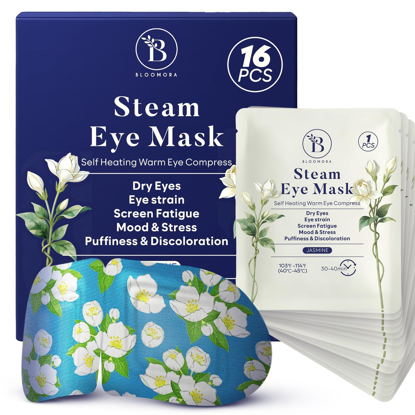 16 Pack Jasmine Steam Eye Mask for Dryness, Puffiness, Strain & Relaxation, Heated Eye Mask for Sleep & Travel, Self-Heating & Disposable Warm Compress, Travel Essentials, Relaxation Gifts for Women