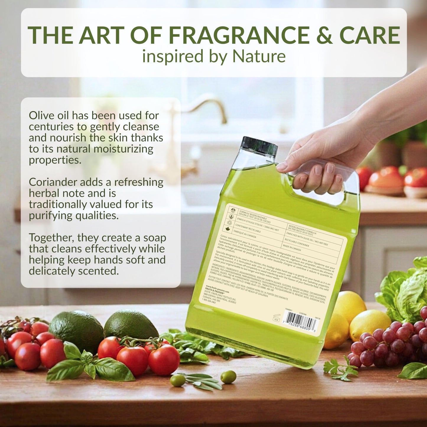 Cucina Fruits & Passion Hand Soap Refill – Coriander & Olive Tree – 1 Liter (33.8 fl oz) – Olive Oil Enriched Kitchen Hand Soap – Biodegradable Formula – Vegan – Made in Canada