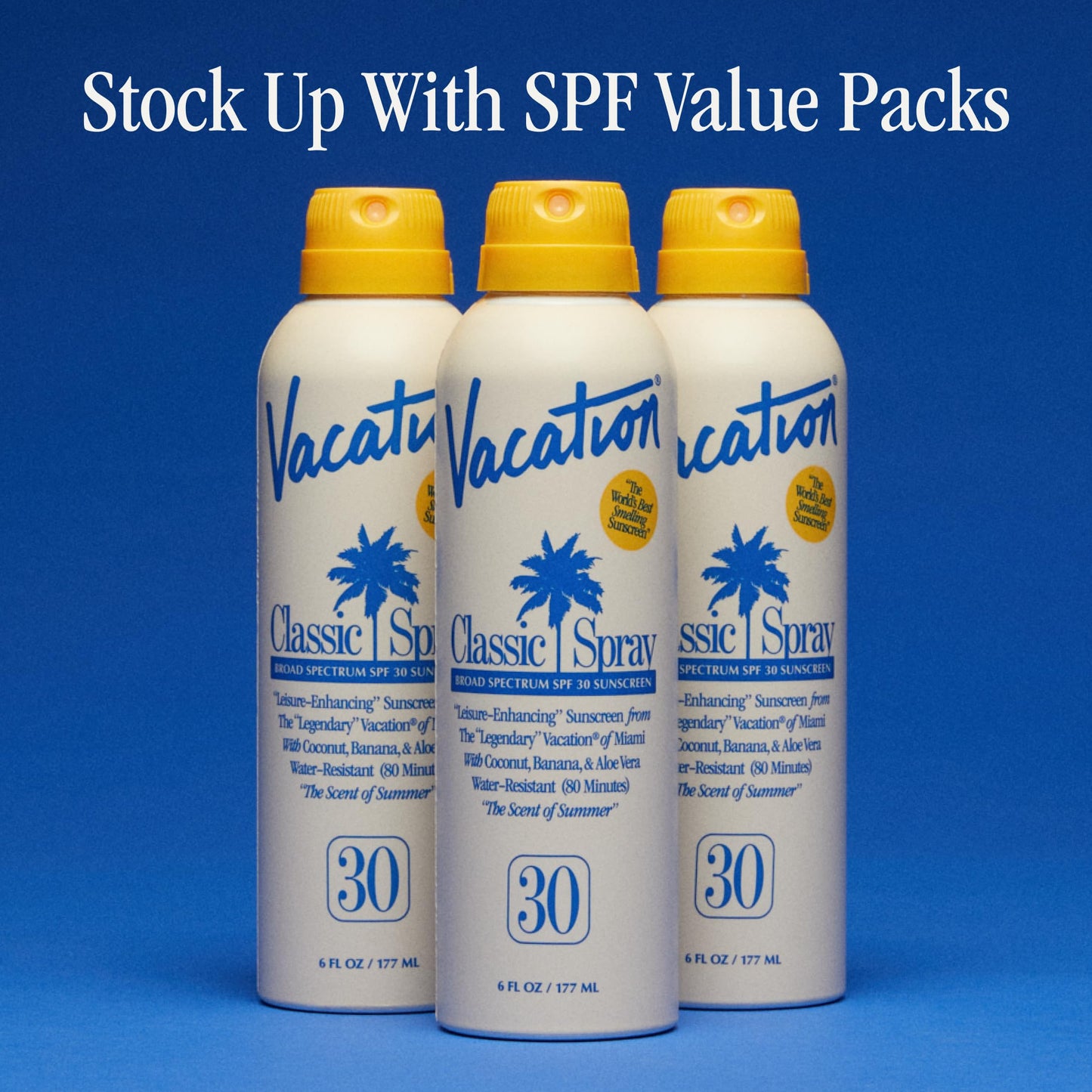 Vacation Classic SPF 30 Sunscreen Spray, 6 Fluid Ounces, Pack of 3 - Broad Spectrum, Lightweight, Transparent on All Skin Tones, Water-Resistant, Vegan, Dermatologist-Tested